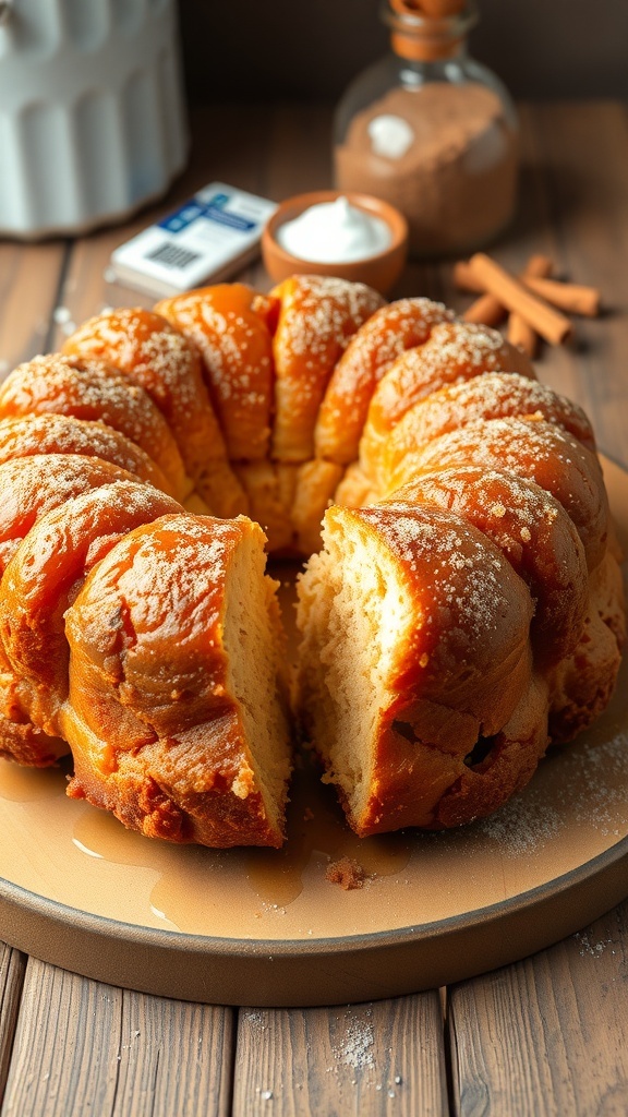 Delicious Monkey Bread Varieties A pull-apart monkey bread with cinnamon sugar, displayed on a wooden table, with a cozy kitchen backdrop.